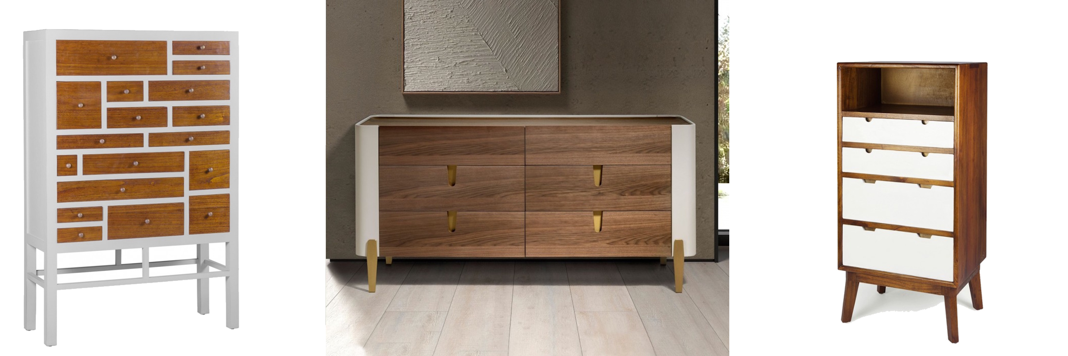 Designové luxusní dřevěné komody hnědo-bílá komoda Javier s asymetrickými šuplíky s široká komoda Forma Moderna s art deco nádechem a vysoká komoda Norse s bílými šuplíky v severském stylu