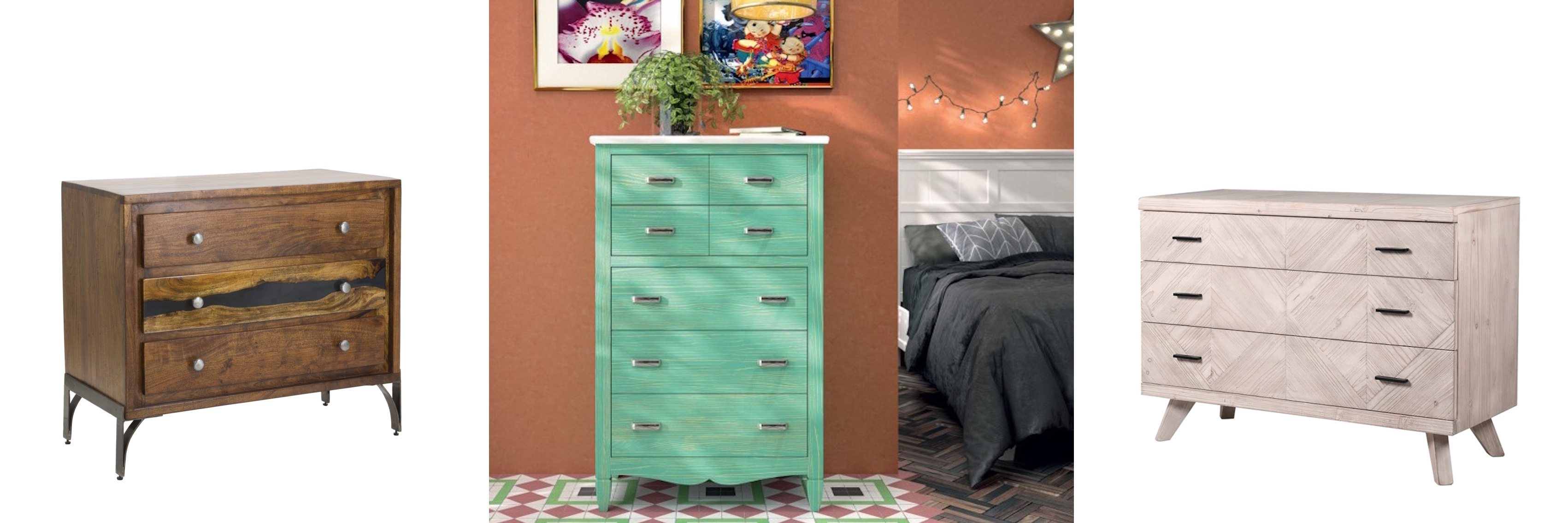 Stylové designové komody masivní akáciová hnědá komoda Selvaggio s černými industriálními detaily a moderní zelená komoda Amberes s venkovským nádechem a luxusní komoda Parquete z běleného dřeva s parketovým diagonálním vzorem