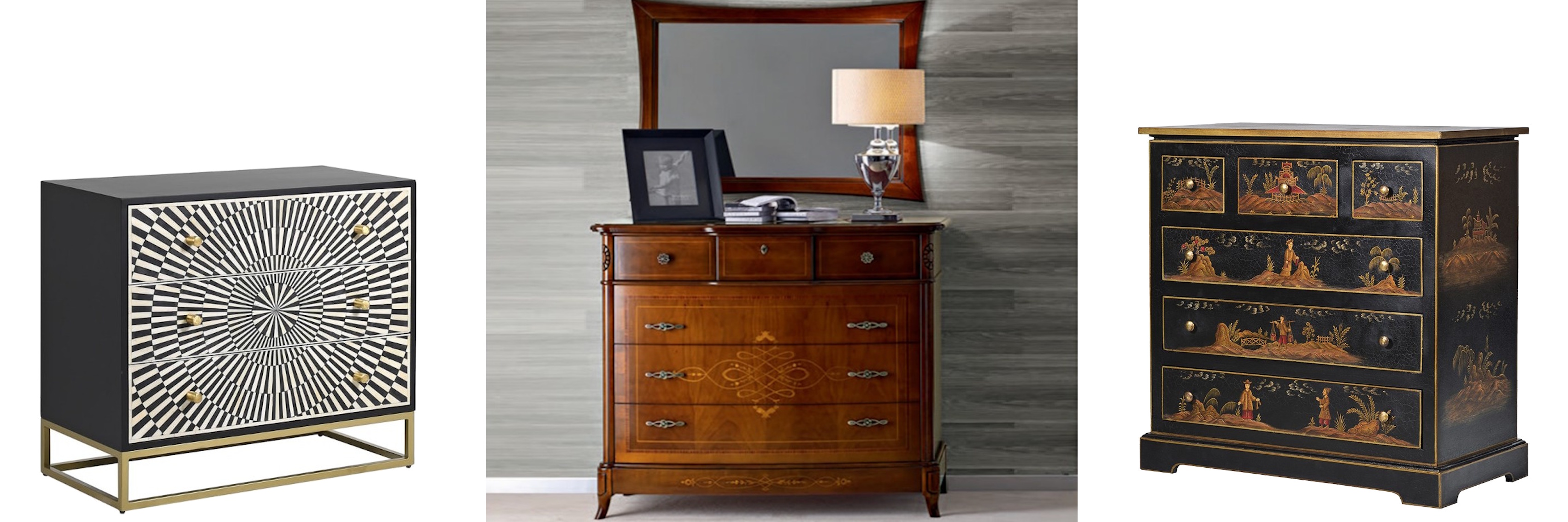 Luxusní designové komody art deco komoda Siciliano s paprskovou intarzií v černé a bílé barvě a masivní rustikální komoda Carpessio s ornamentálním zdobením a vyřezáváním a vintage černá komoda Chinia s malovaným tradičním motivem rýžových polí