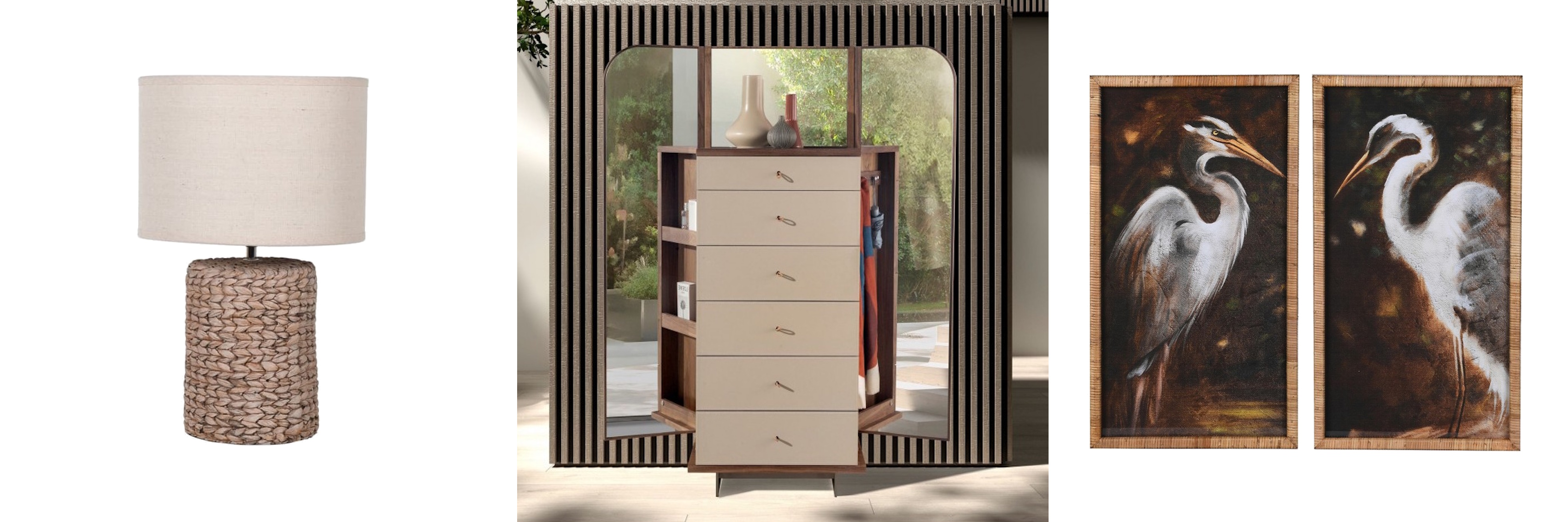 Stylové doplňky a nábytek designová koloniální stolní lampa Alcoa s nohou obtočenou lanem s luxusní koženou komodou Charmoin s vyklápěcími zrcadlovými panely a vintage set dvou obrazů Heron s motivem jeřábů