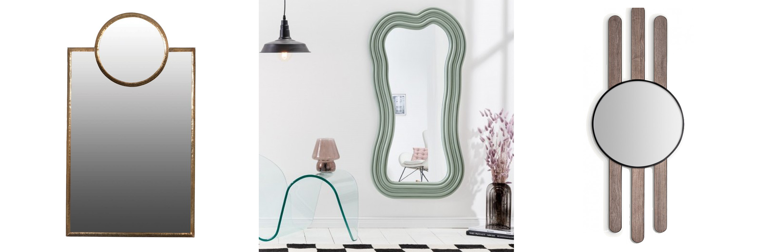 Designová svislá zrcadla art deco obdélníkové zrcadlo Gold Rush se zlatým geometrickým rámem a zelené zrcadlo Swan s designovým rámem organického tvaru a kulaté zrcadlo Missy se třemi hnědými dřevěnými prvky