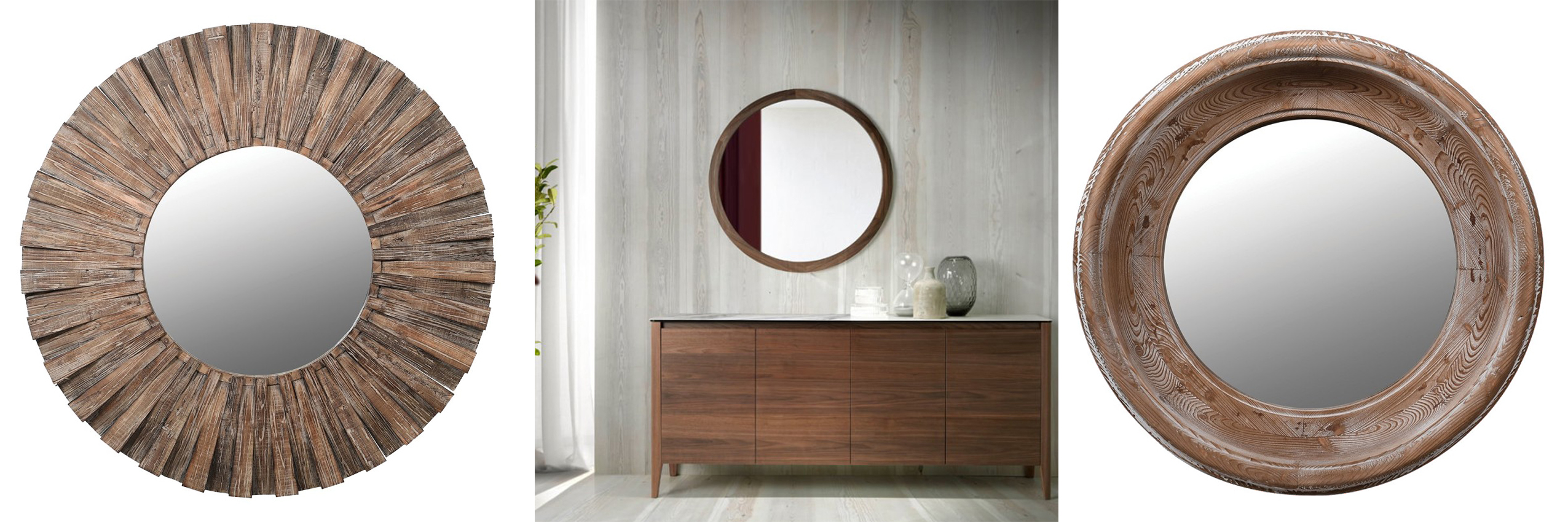 Luxusní kulatá dřevěná zrcadla etno zrcadlo Radiant s designem naplaveného dřeva a minimalistické zrcadlo Vita Naturale s hladkým rámem a vintage zrcadlo Hunley s efektem záměrného zestárnutí