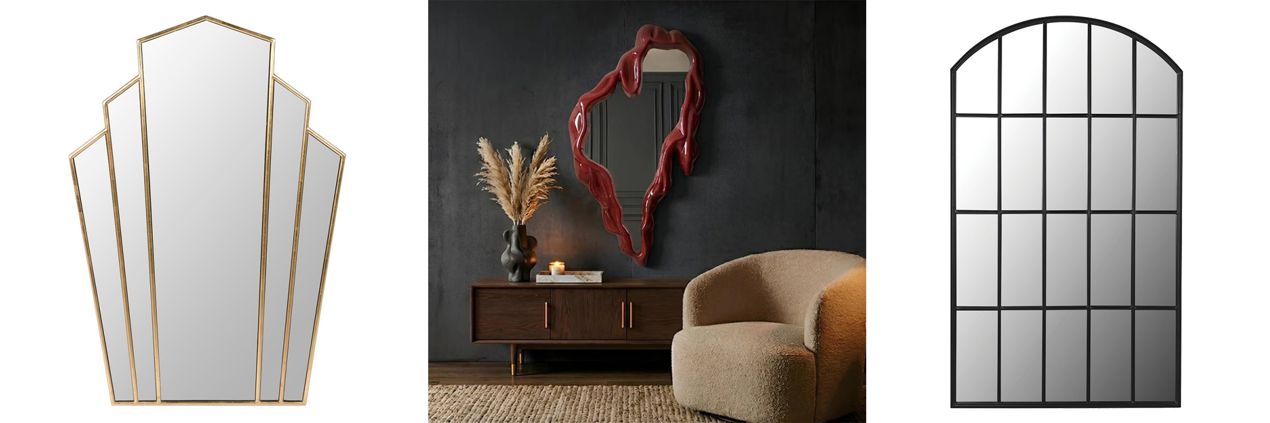 Designová atypická zrcadla zlaté art deco zrcadlo Alio ve tvaru vějíře a moderní červené zrcadlo Rubia s efektem stékání a velké černé industriální zrcadlo Arc s obloukem a panely