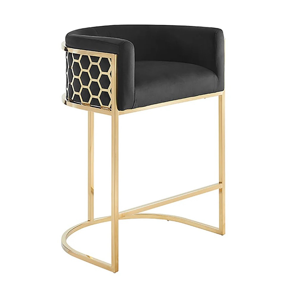 Estila Art deco barová židle Ariande se sametovým černým potahem a zlatou kovovou konstrukcí 88 cm