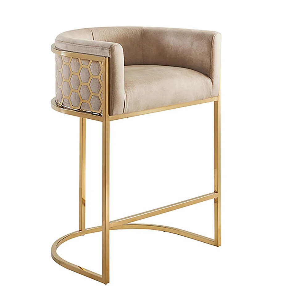 Estila Art deco barová židle Ariande se sametovým béžovým potahem a zlatou kovovou konstrukcí 88 cm