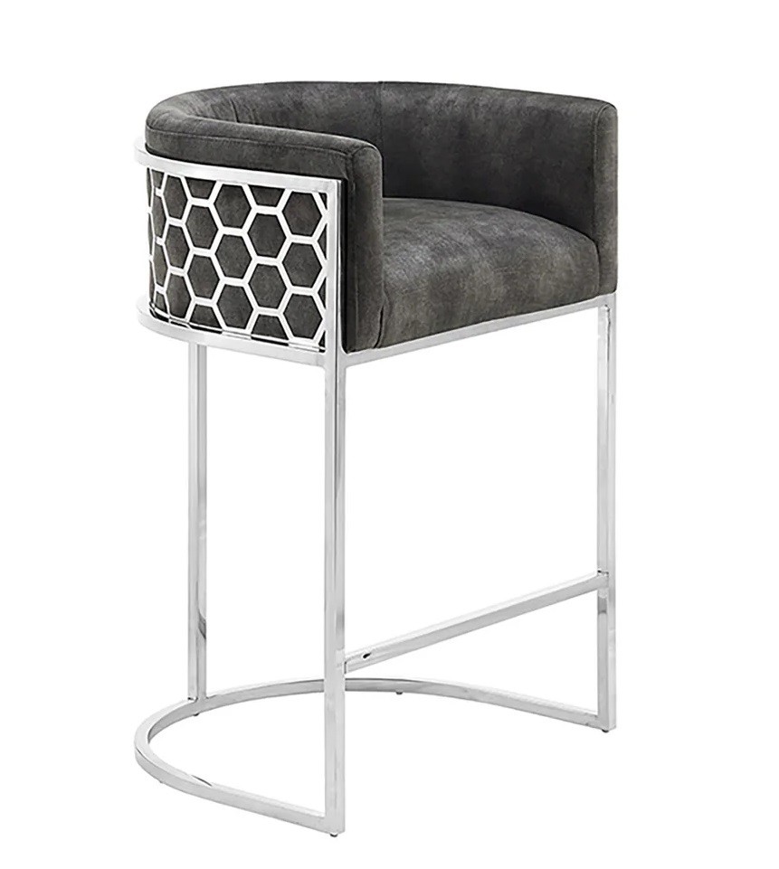 Estila Art deco barová židle Arienda s šedým sametovým potahem a chromovou kovovou konstrukcí 88 cm