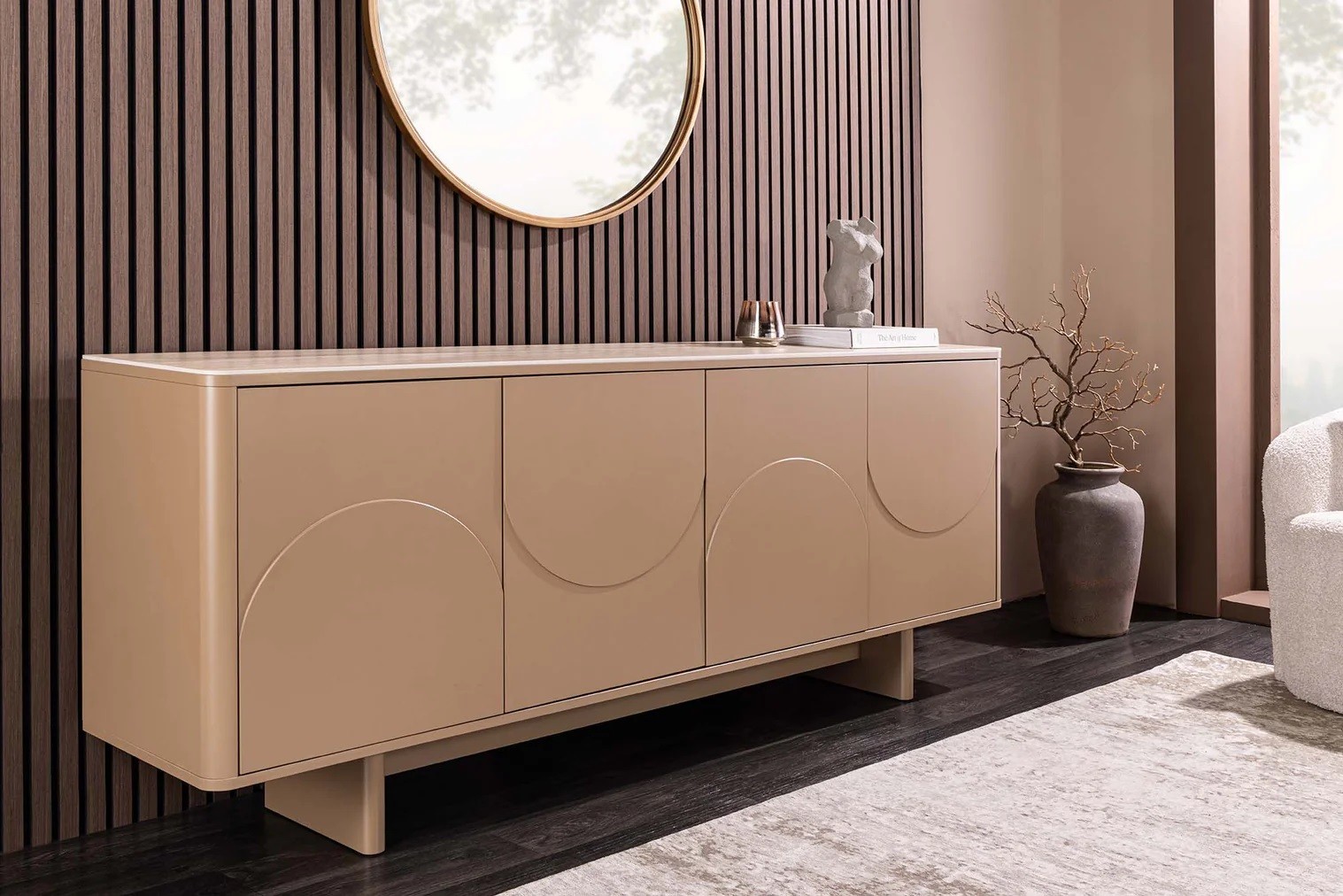 Estila Art deco obdélníkový čtyřdveřový příborník Savonia s travertinovou deskou v hnědé barvě a 3D reliéfy 180 cm