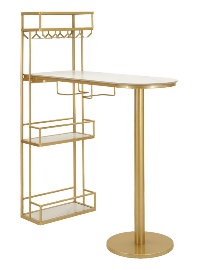 Estila Designový glamour oválný barový stůl Bressanine s úložným prostorem se zlatou konstrukcí a bílou mramorovou deskou 120 cm