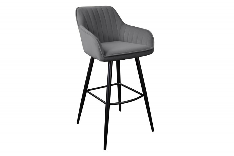 Estila Moderní barová židle Vittel ze sametu v šedé barvě s černými kovovými nohami 102cm