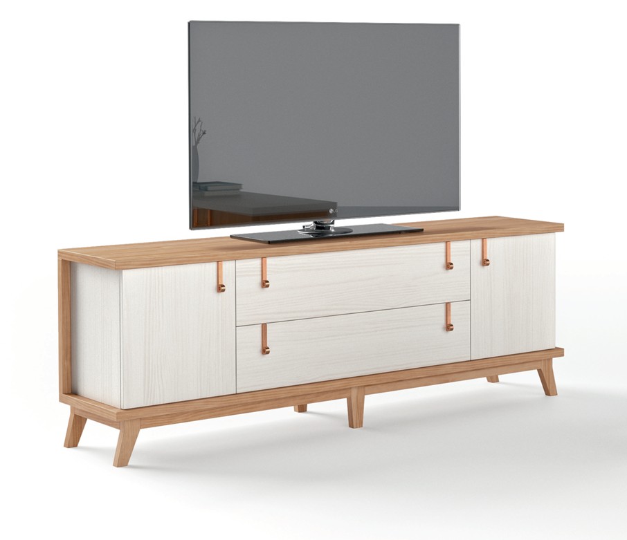 Levně Estila Luxusní TV stolek Sajonia z masivního dřeva se zásuvkami a dvířky 183cm