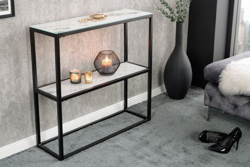 Estila Industriální konzole Industria Marbleux se skleněnou deskou v provedení bílý mramor s černou kovovou konstrukcí 81cm