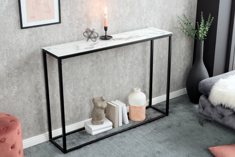 Estila Moderní konzolový stolek Industria Marbleux s deskou z bílého mramoru a černou kovovou podnoží 81 cm