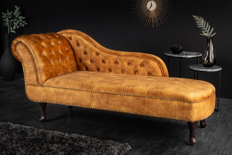 Estila Designová prošívaná lenoška Chesterfield s hořčicově žlutým sametovým potahem a masivníma nohama 170cm