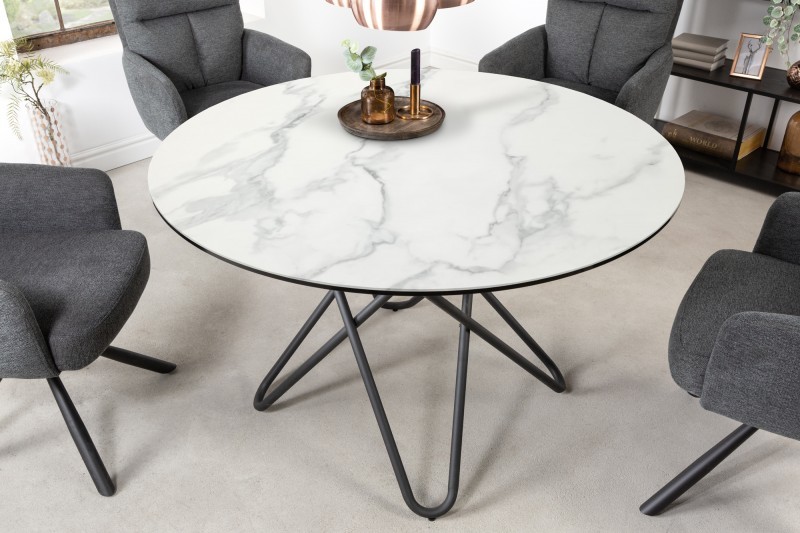 Estila Industriální kulatý jídelní stůl Industria Marbleux v moderním provedení se skleněnou deskou s mramorovým vzhledem 120cm