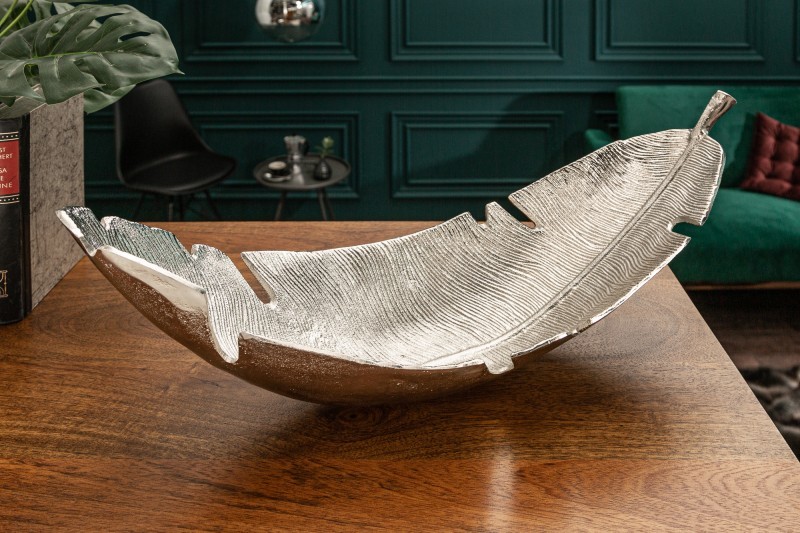 Estila Designová mísa Laurel ve tvaru listu stříbrné barvy z kovu 60cm