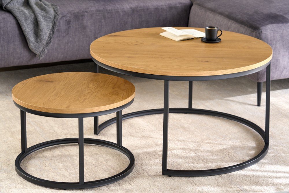 Estila Designový set dvou kulatých konferenčních stolků Nadjá ze dřeva a kovu hnědo-černé barvy