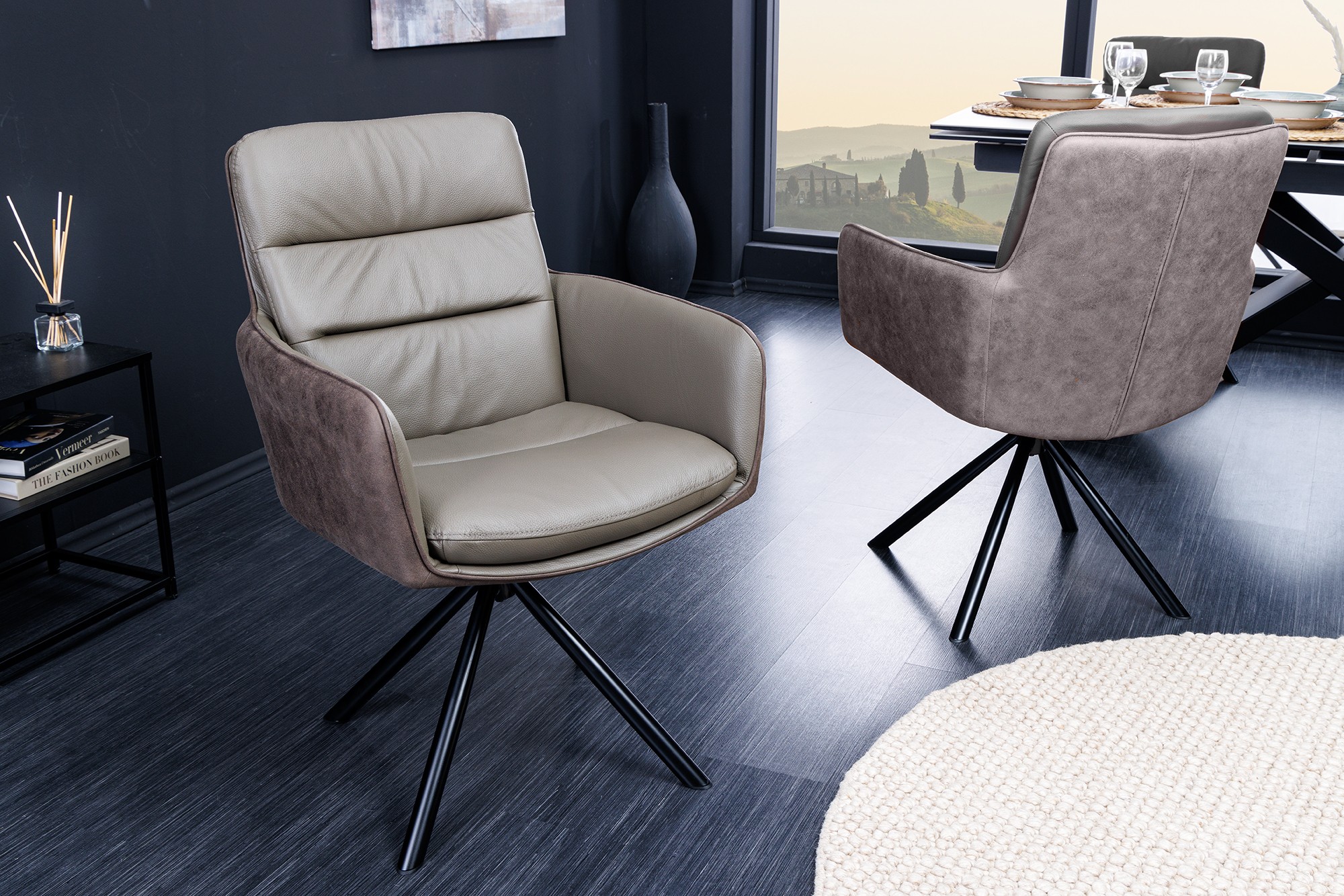 Estila Moderní industriální otočná kožená židle Coiro s kovovými nožičkami šedá taupe barva 90 cm
