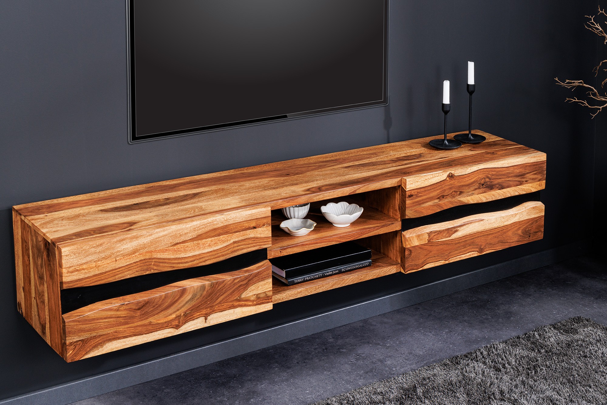 Estila Designový nástěnný TV stolek Mammut II z masivního sheesham dřeva se dvěma dvířky a poličkami 160cm