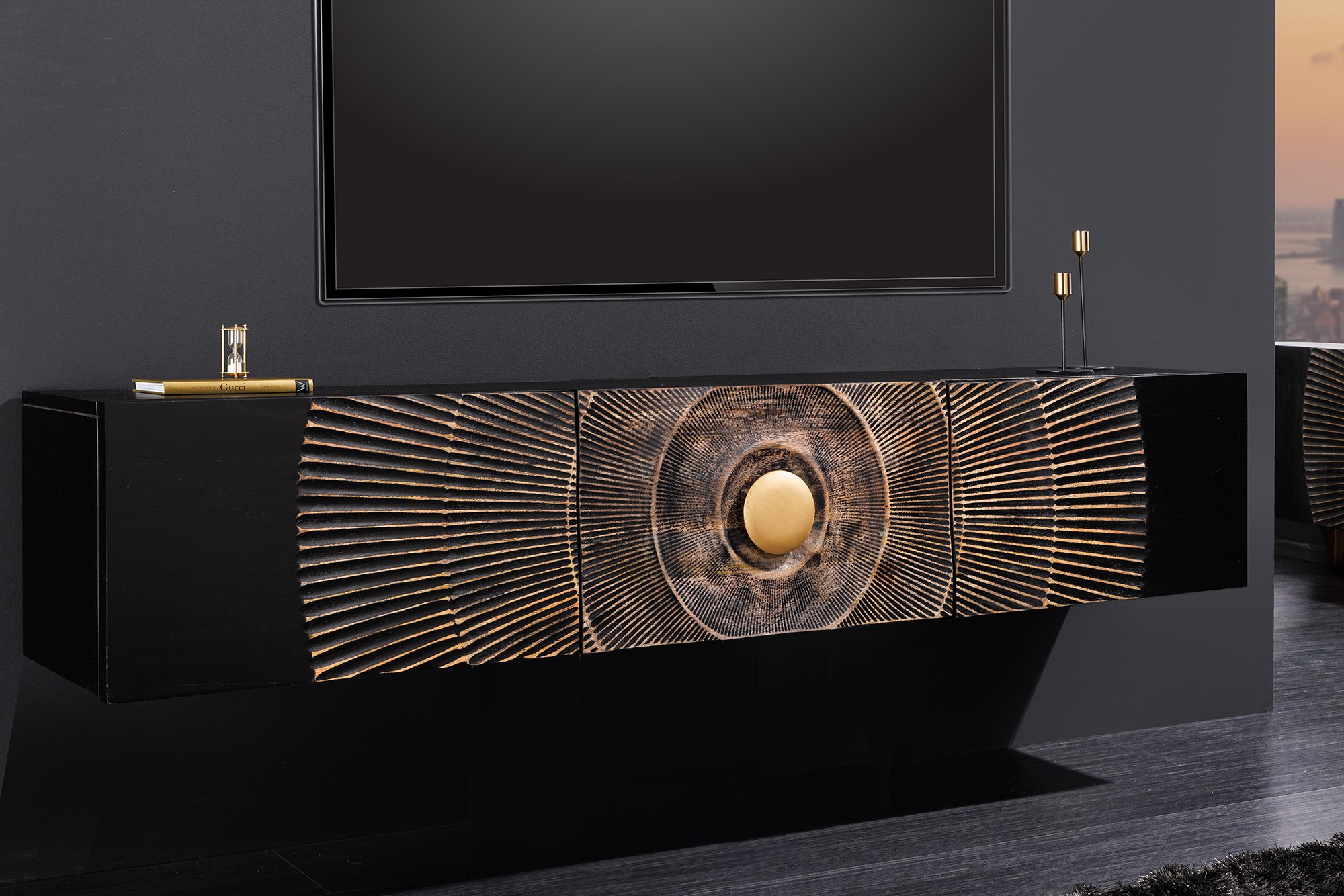 Levně Estila Luxusní nástěnný orientální televizní stolek Cumbria v černo zlaté barvě 160 cm