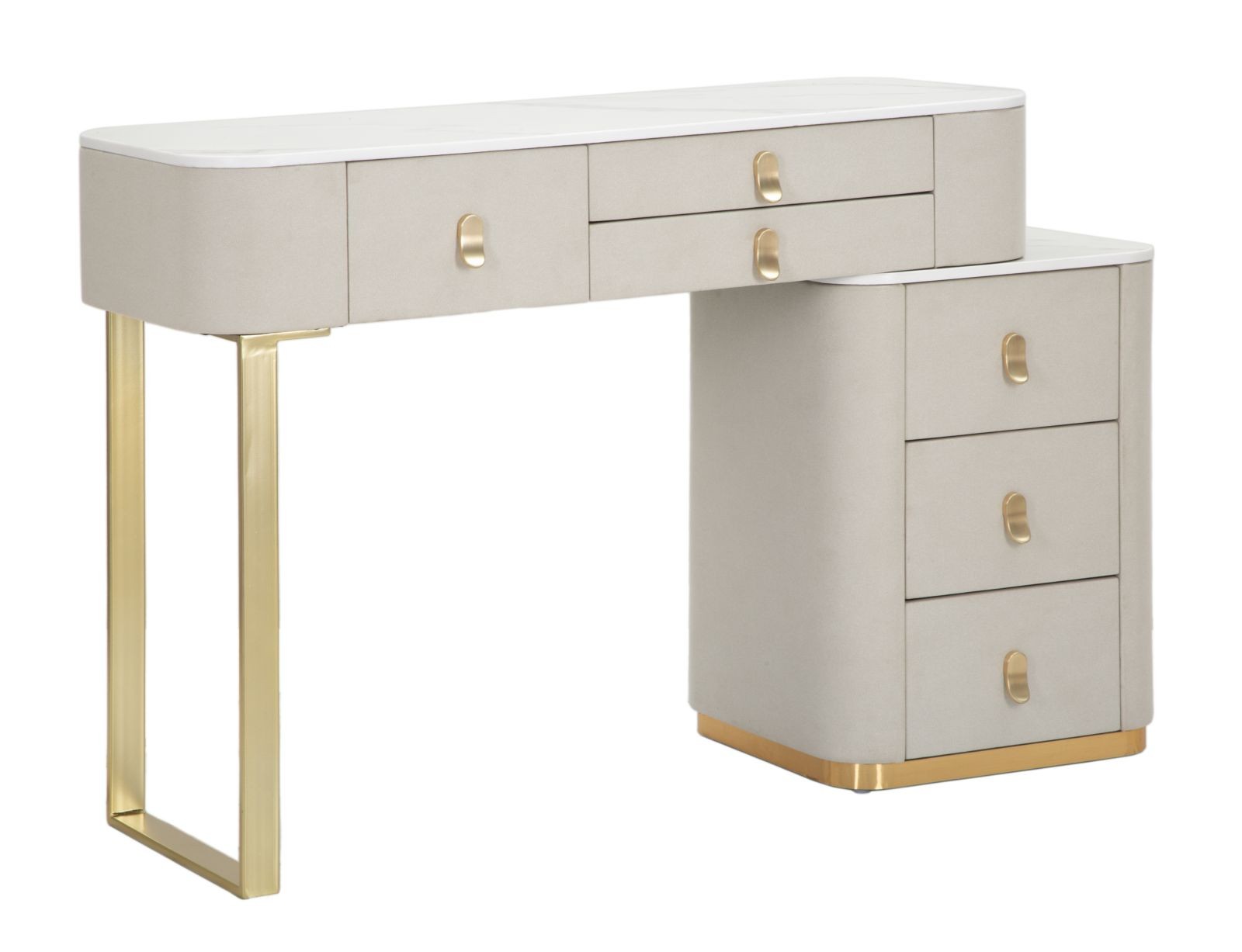 Estila Luxusní art deco béžový toaletní stolek Glamia Tapisé se zlatými kovovými nožičkami se šesti šuplíky a bílou deskou 120 cm