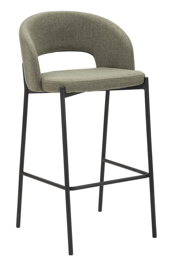 Estila Moderní skandinávská olivově zelená barová židle Liora s oblým opěradlem a nožičkami z kovu v černé barvě 99 cm