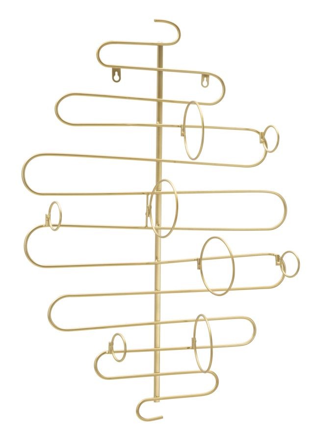 Estila Art deco závěsný stojan na víno Malos z kovu ve zlaté barvě s vlnitým vzhledem s držáky na čtyři láhve 72 cm