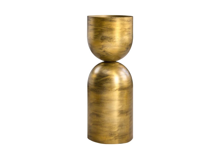 Estila Art deco kulatý kovový geometrický zlatý podstavec na květiny Sola s jemným strukturovaným lesklým povrchem 56 cm