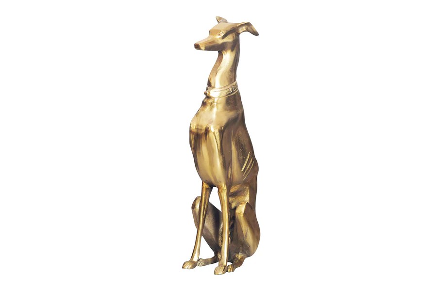 Estila Art deco designová kovová zlatá socha psa Nartas v sedací poloze 69 cm
