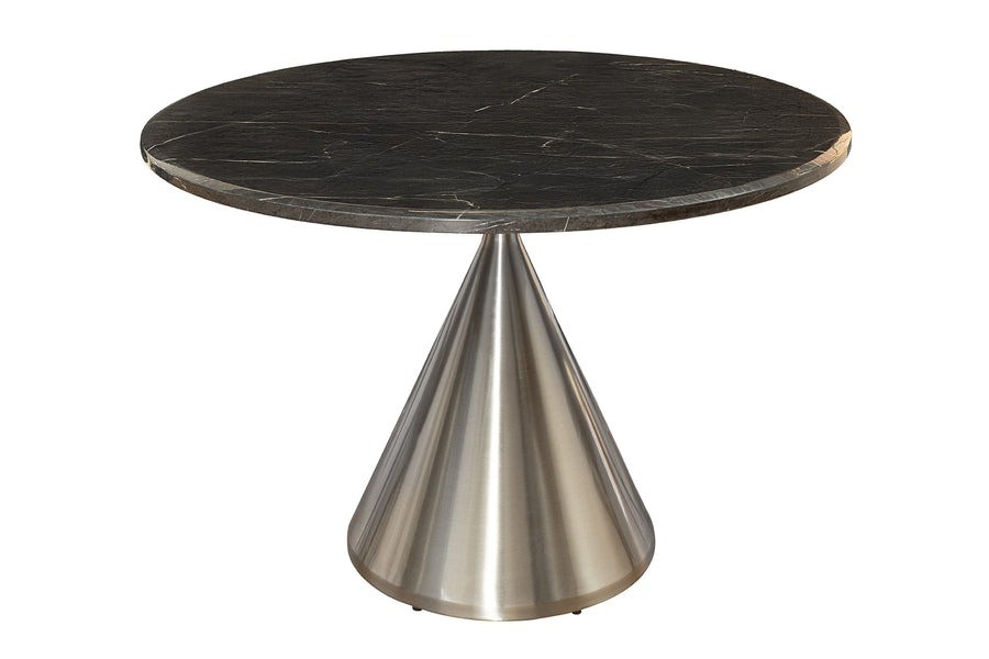 Estila Luxusní mramorový art deco kulatý jídelní stůl Elina se stříbrnou kovovou kuželovou nohou a černou deskou 130 cm
