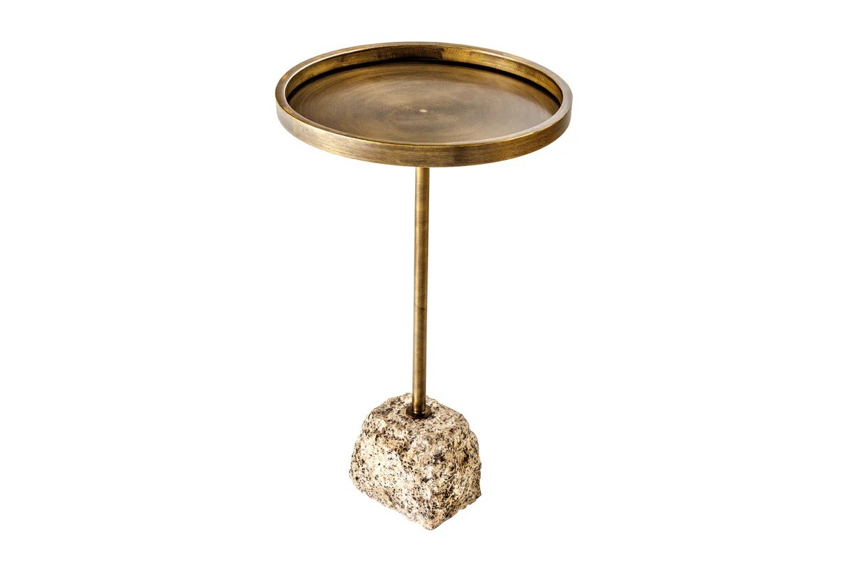 Estila Art deco kulatý příruční stolek Stone se zlatou kovovou deskou s vyvýšeným okrajem a asymetrickou mramorovou podstavou 60 cm