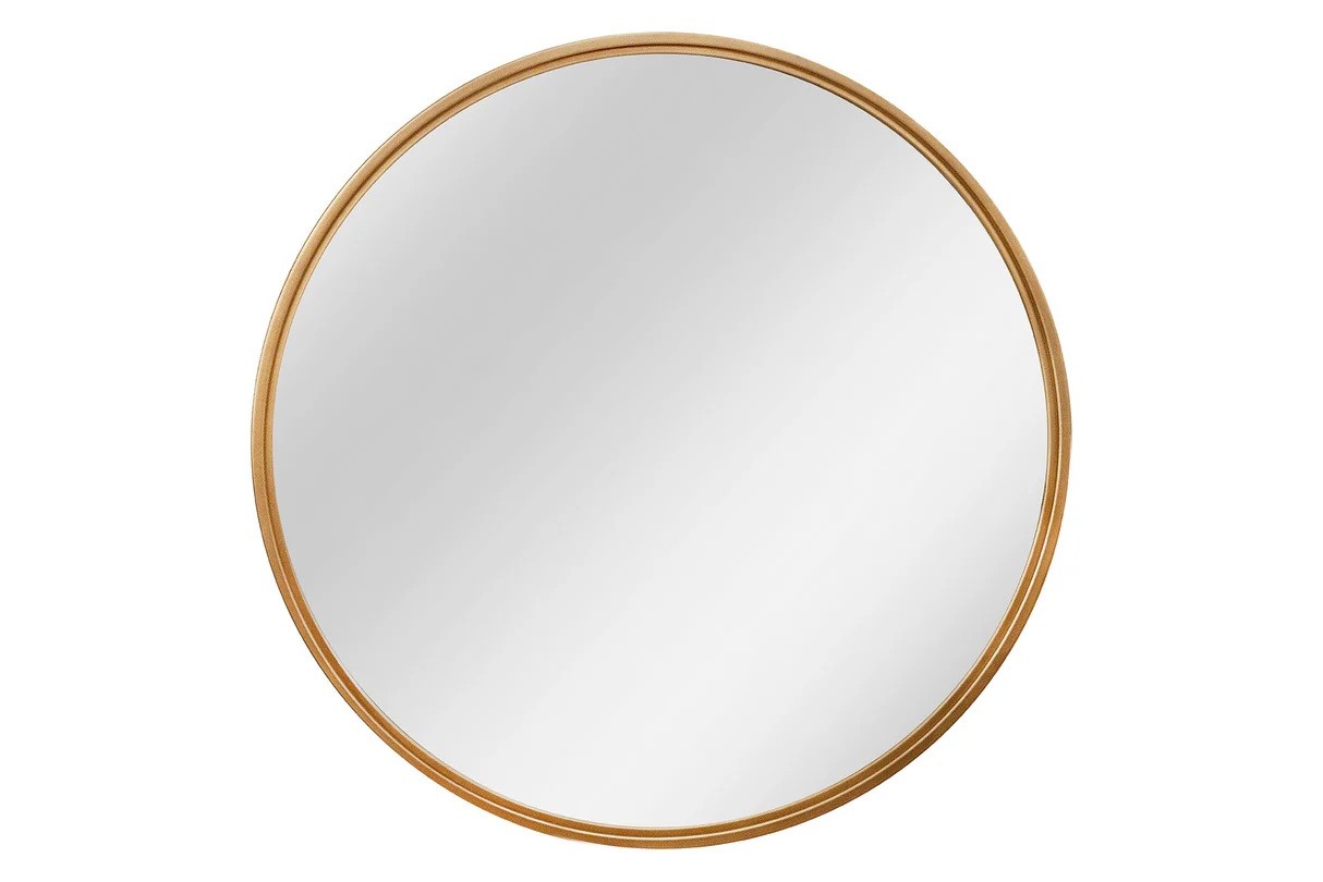 Estila Art deco kulaté nástěnné zrcadlo Auri se zlatým kovovým rámem a zadní výztuží z dýhovaného dřeva 58 cm