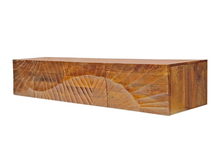 Estila Art deco masivní nástěnný TV stolek Cumbria z mangového hnědého dřeva s reliéfem paprsků a čtyřmi dvířky 200 cm