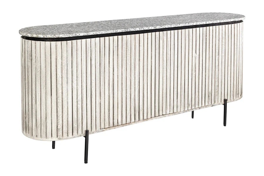 Estila Art deco oválný dvoudveřový příborník Marmolla Gris s drážkovaným reliéfem a mramorovou vrchní deskou v šedé barvě 170 cm