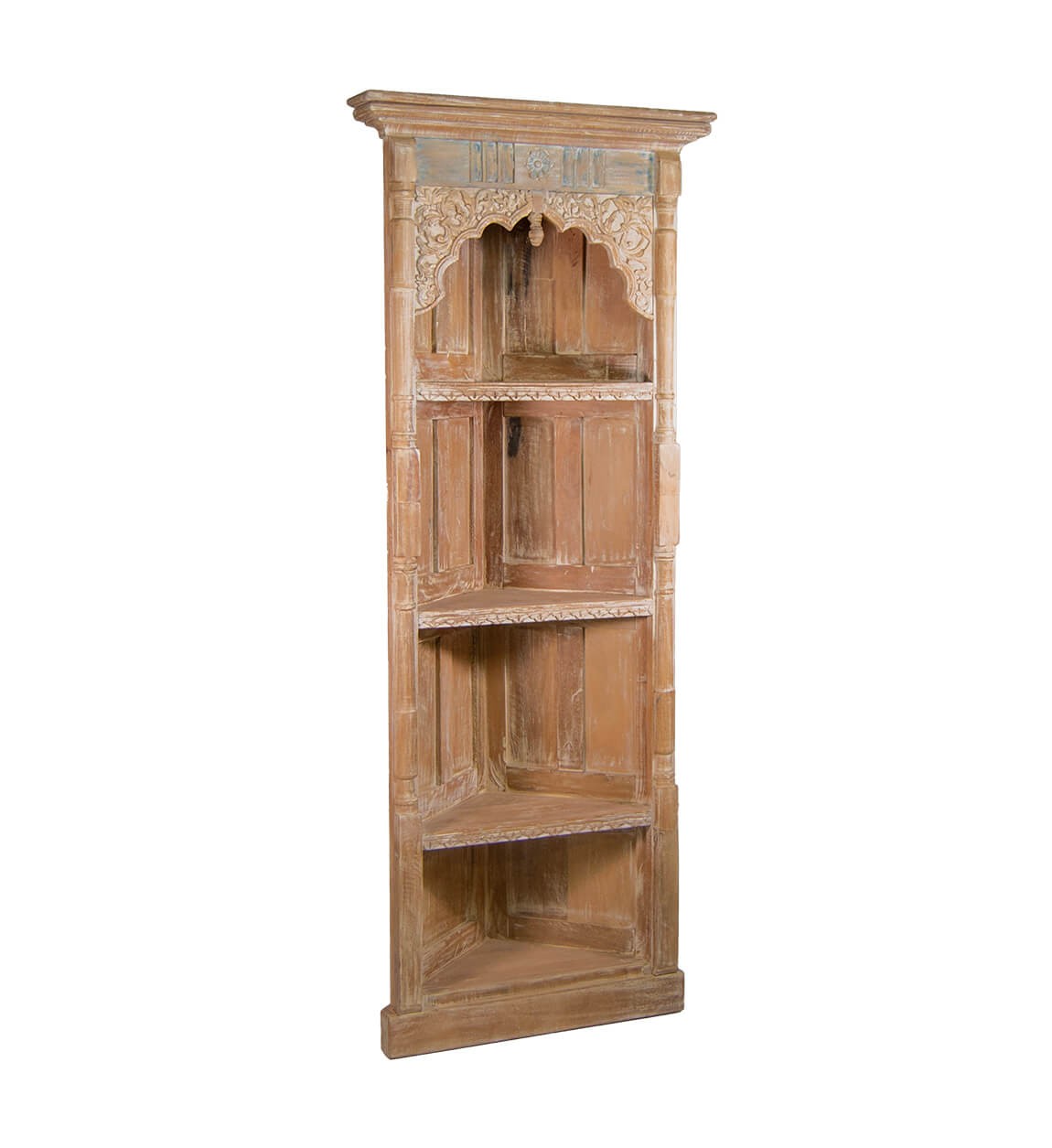 Estila Luxusní vintage rohová knihovna Segovia z hnědého mangového dřeva s efektem vymytého nátěru a ornamentálním zdobením 198 cm