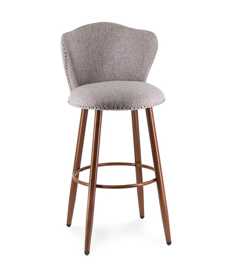 Estila Designová moderní barová židle Nayla s šedým lněným potahem s vybíjeným zdobením a hnědými nožičkami 102 cm