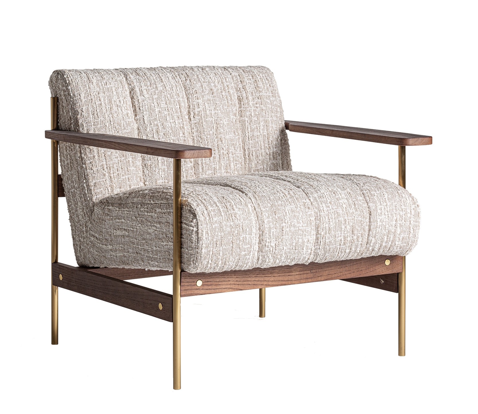 Estila Luxusní art deco křeslo Halor s béžovým čalouněním a konstrukcí ze zlatého kovu a tmavého hnědého dřeva 72 cm