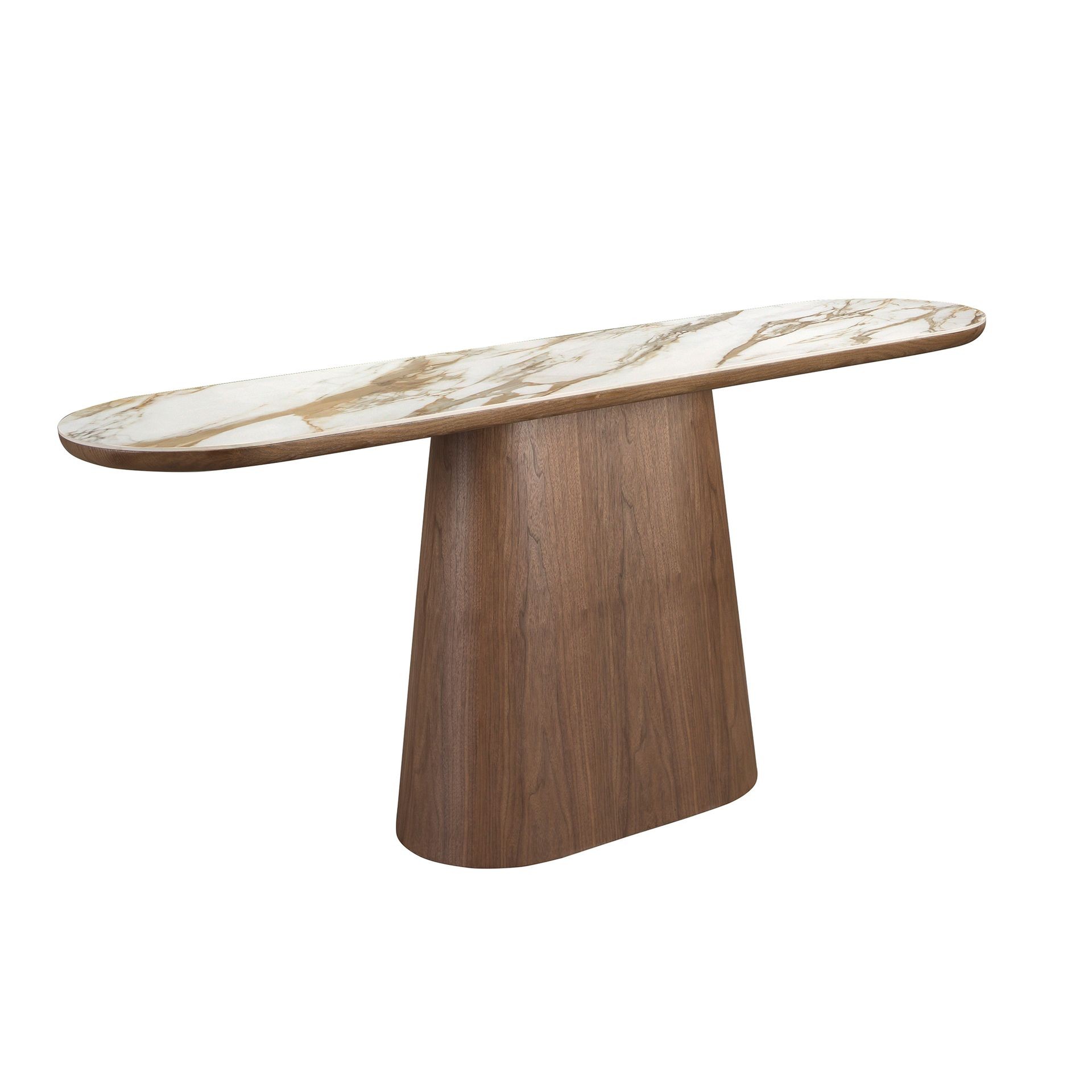 Estila Luxusní moderní oválný konzolový stolek Vita Naturale deskou s bílým mramorovým designem a ořechovou hnědou podstavou 180 cm