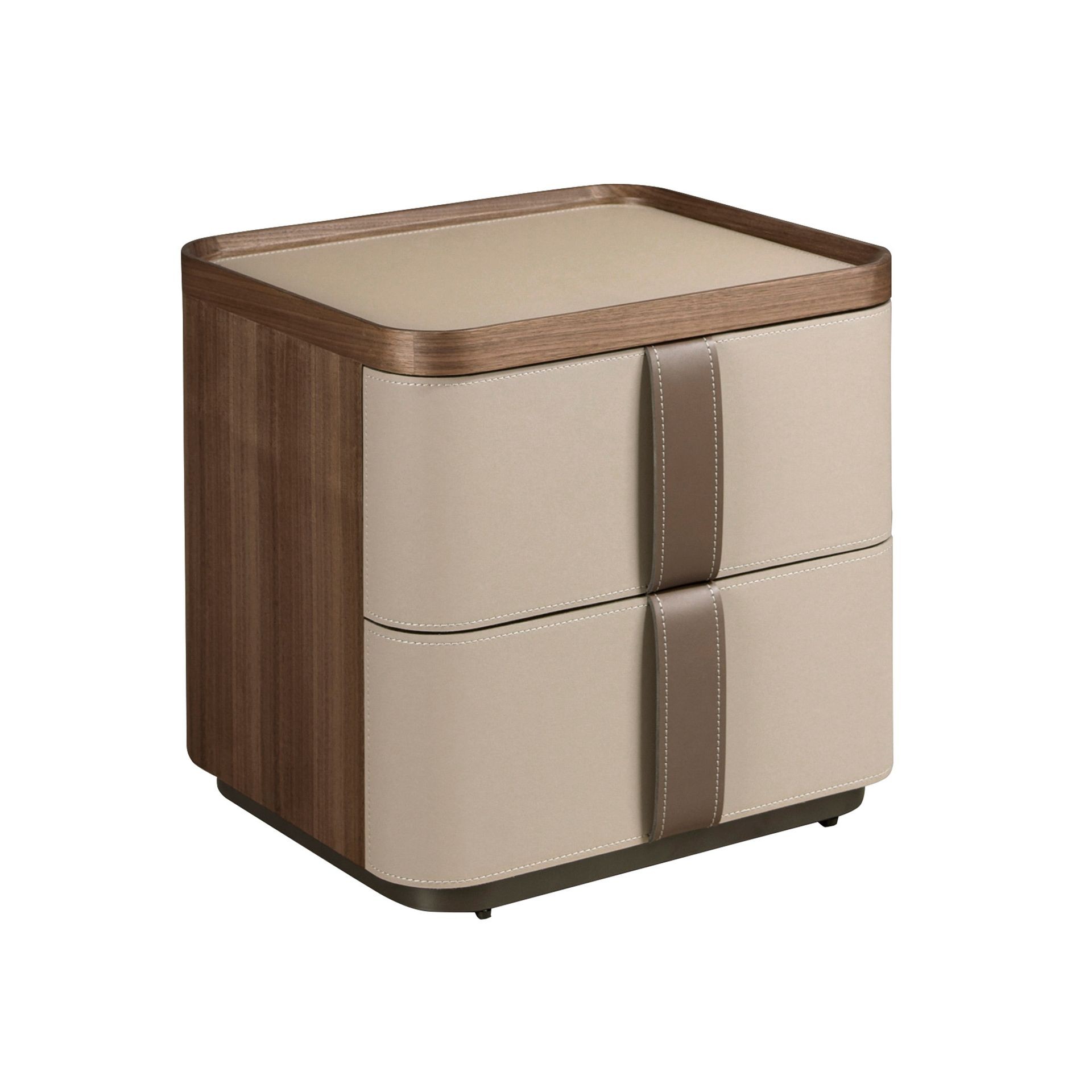 Estila Luxusní moderní noční stolek Charmoin se dvěma šuplíky z ořechově hnědého dřeva s béžovým potahem z pravé kůže 50 cm